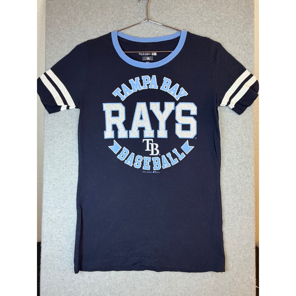 5th & Ocean Tampa Bay Rays Baseball Ringer Tee Navy Blue Glitter Logo Small
